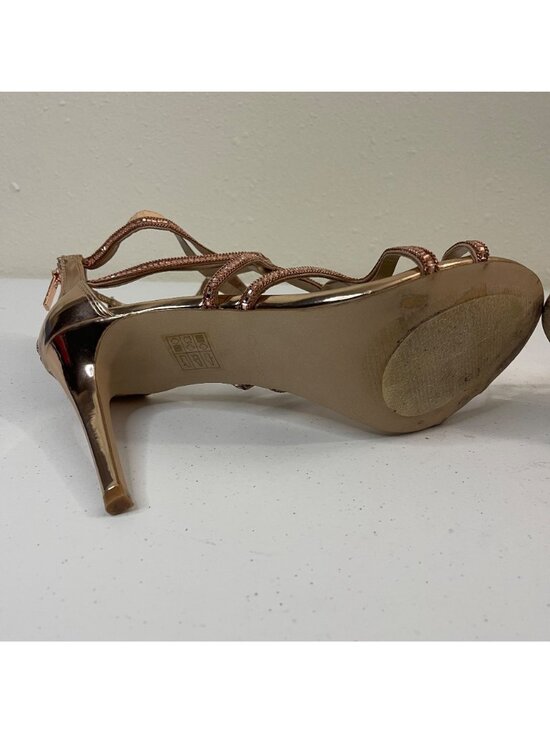 ALDO Strappy Metallic Gold Heeled Sandals With Rhinestone Accents Peep Toe - Picture 8 of 11